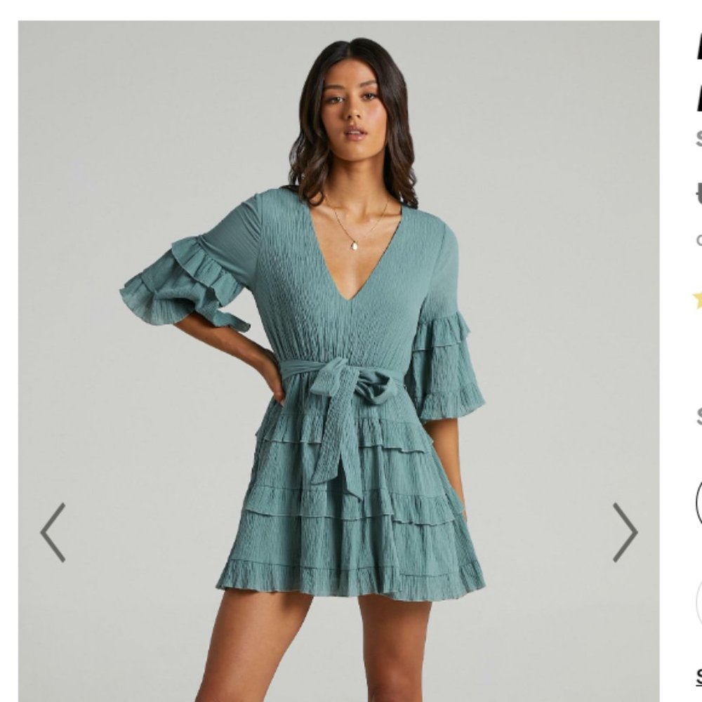 Showpo Meet Me in the Sun Tie Waist Tiered Mini Dress in Sage